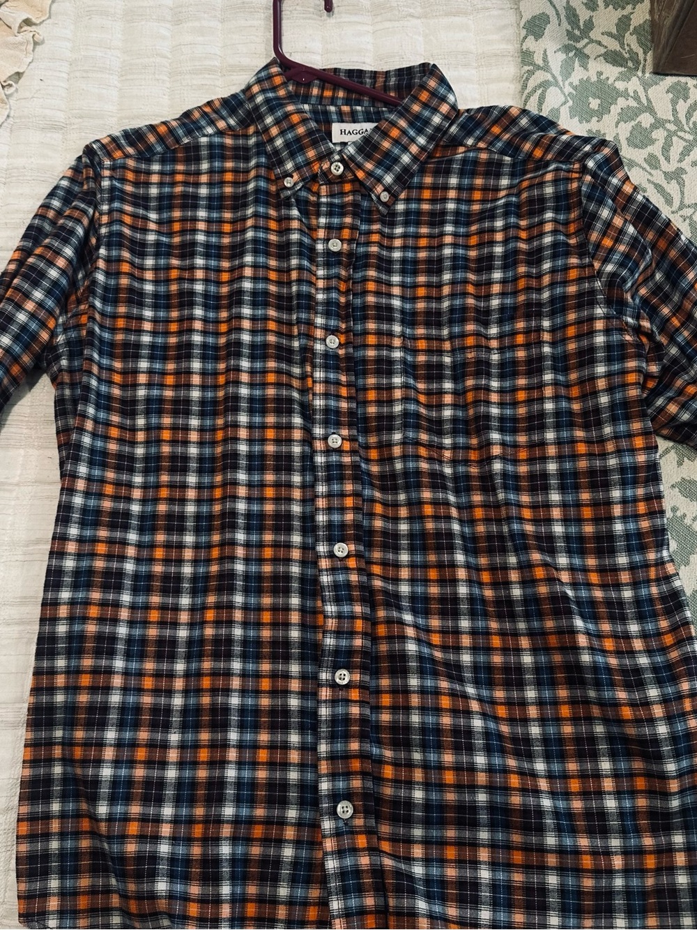 Haggar Men's Orange and Navy Plaid Button-Down Shirt